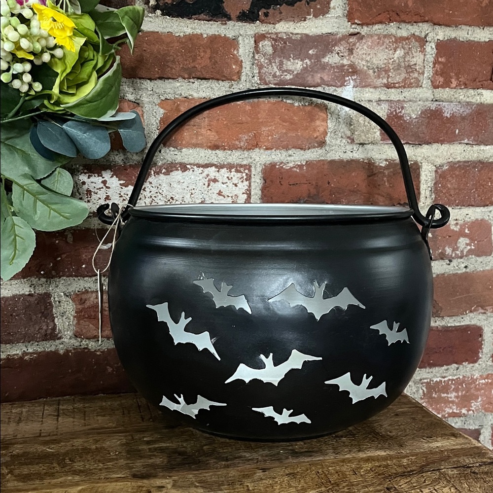 Black Halloween Bat Cauldron Candy Bucket - Decorative Treat Holder